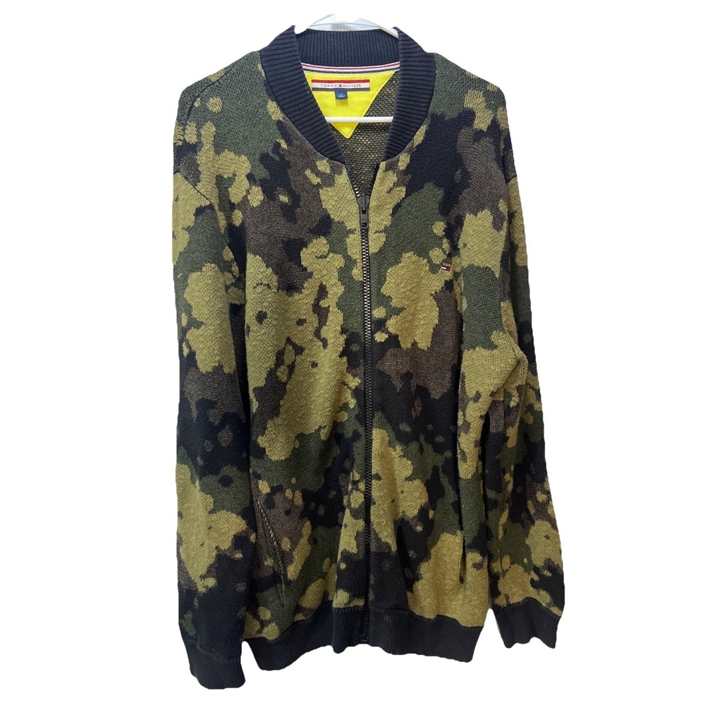 Tommy‎ Hilfiger Knit Jacket Mens  Green Camo Full Zip Adult Size Large 90's